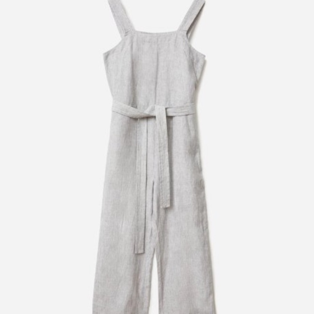 Everlane Striped Railroad Linen Women's Gray Jumpsuit Square Neck Tie XL - Picture 3 of 3